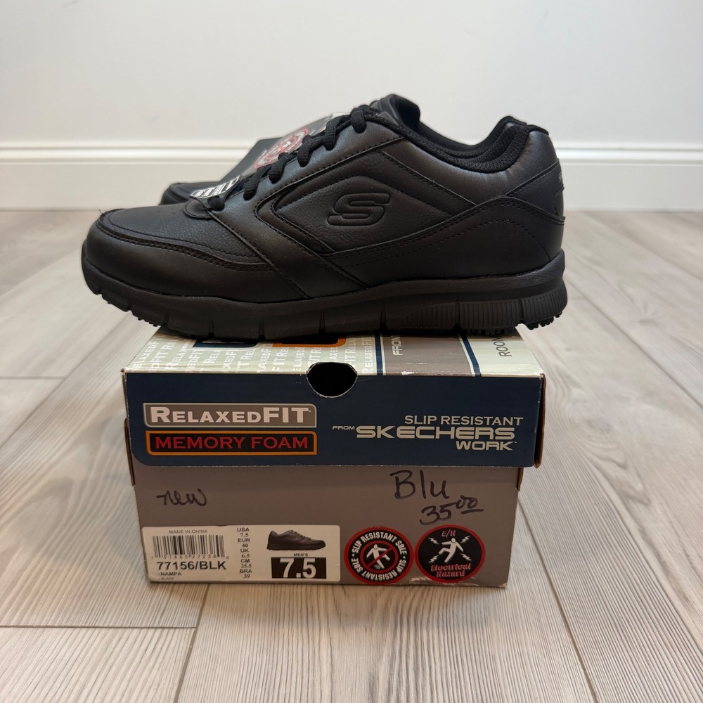 NEW Skechers Work Relaxed Fit Nampa SR Black Slip Resistant Shoes 77156 Mens 7.5